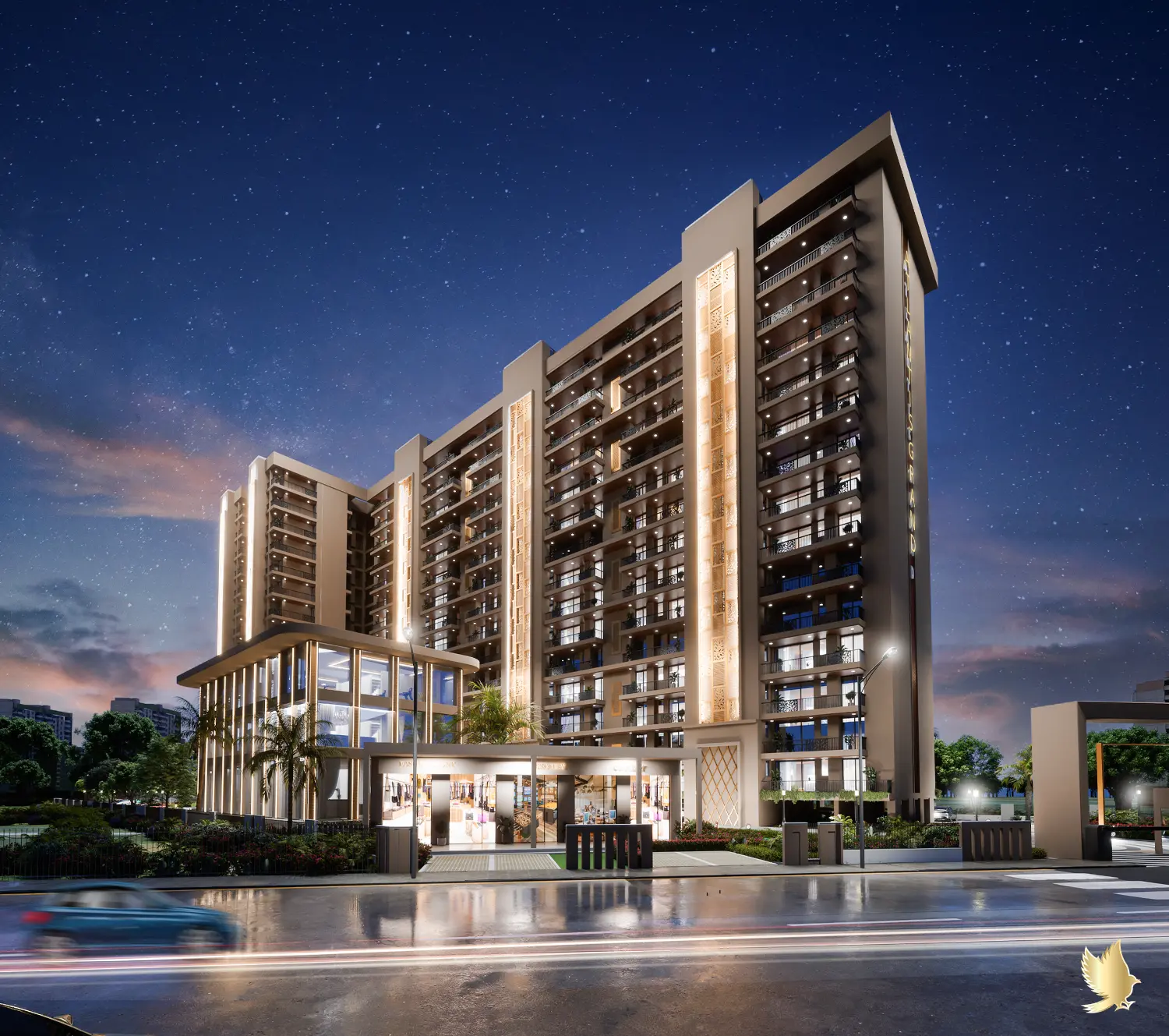 A landmark residential skyline at night